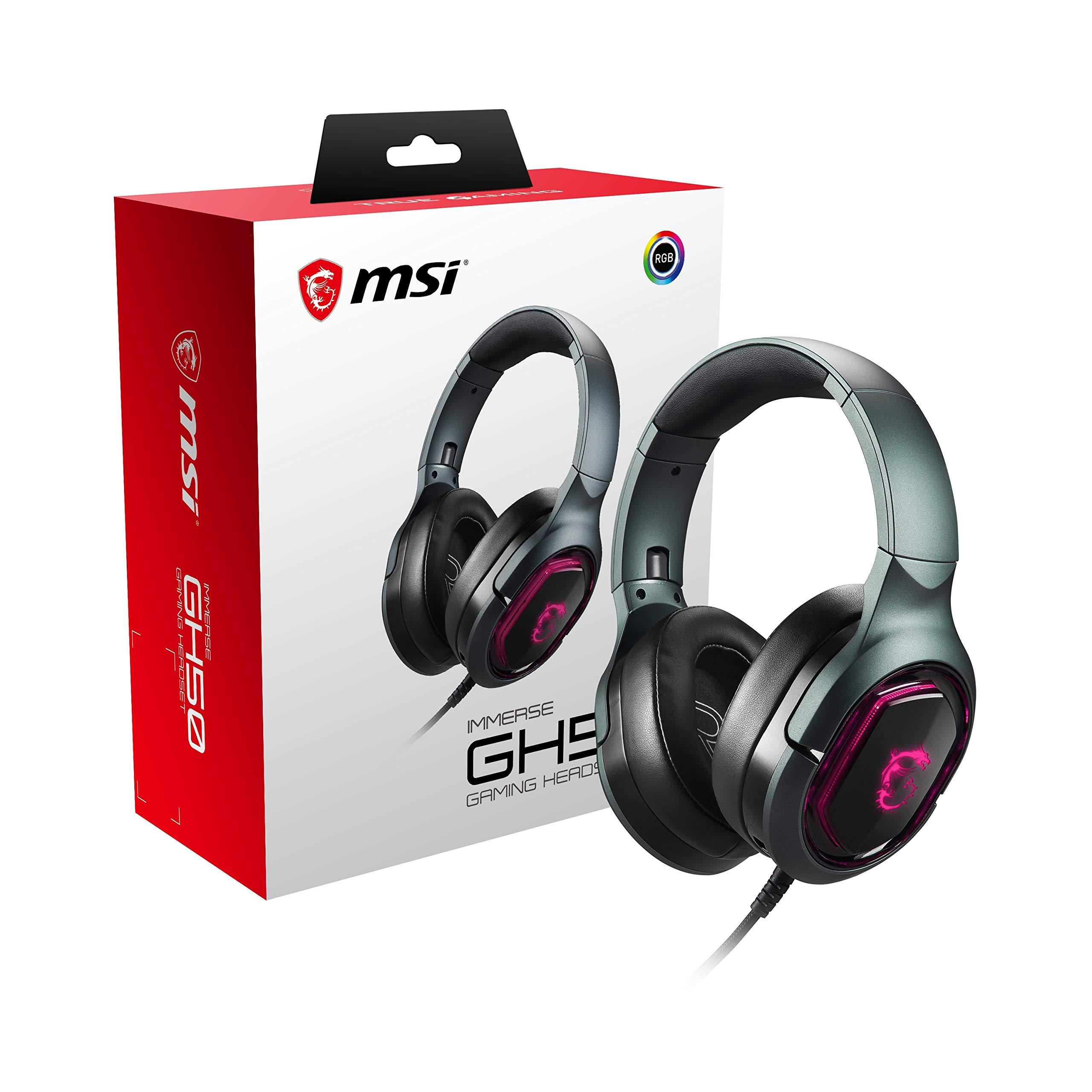 MSI Immerse GH50 7.1 Surround Sound RGB Mystic Light Metal Construction Foldable Headband Design Gaming Headset, Large