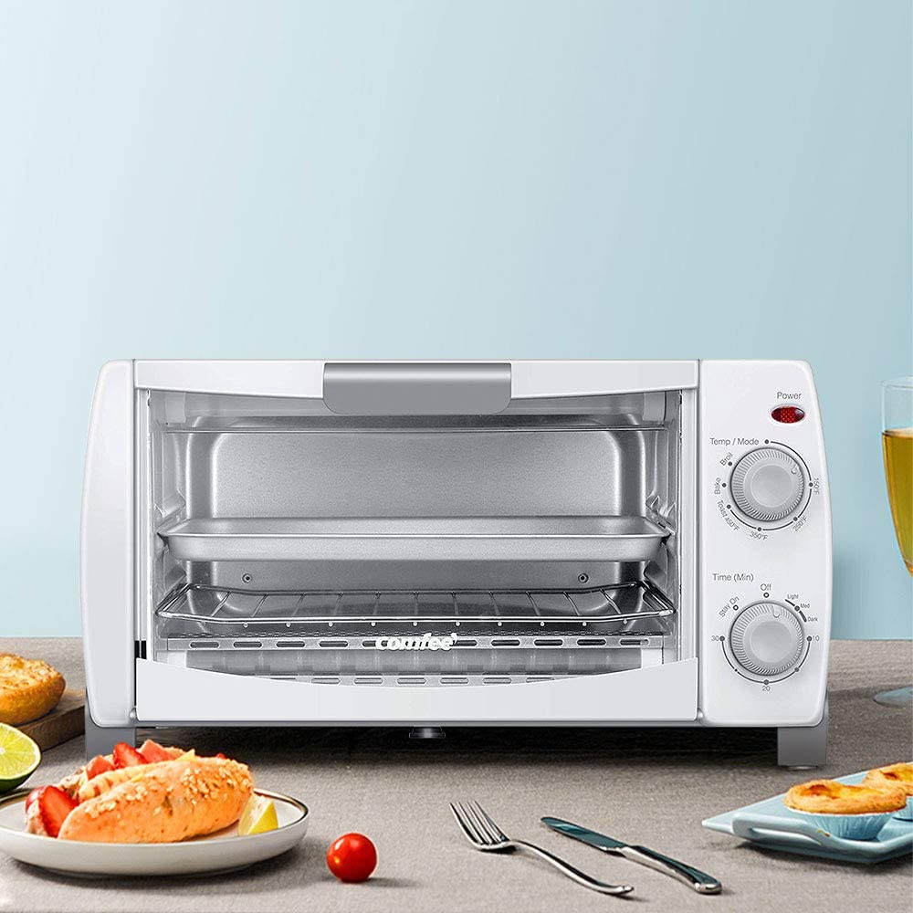 COMFEE' Toaster Oven Countertop, 4-Slice, Compact Size, Easy to Control with Timer-Bake-Broil-Toast Setting, 1000W, White (CFO-BB102C)